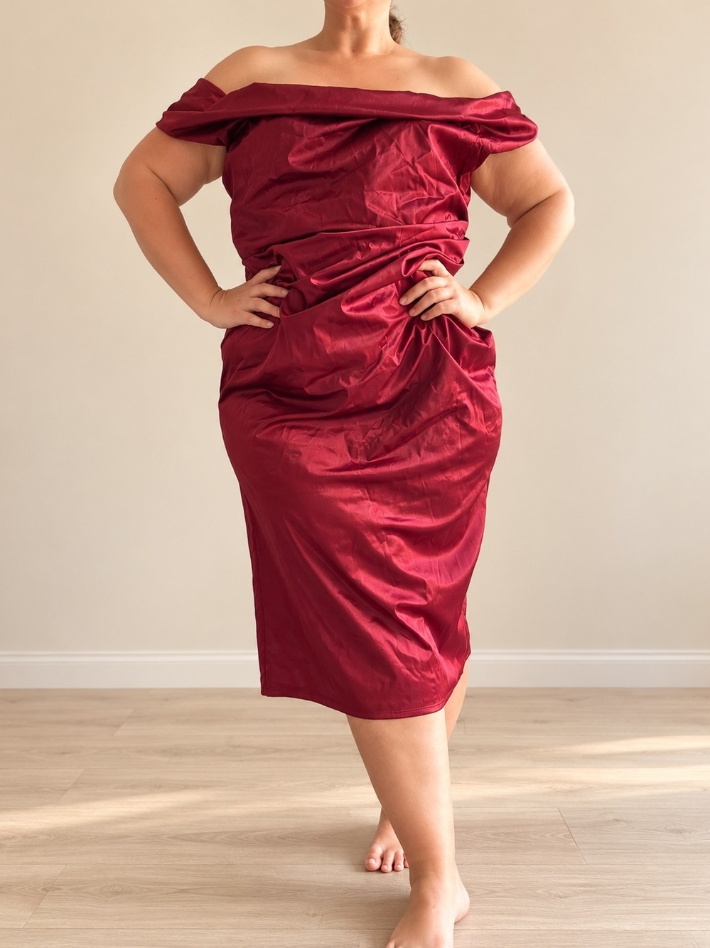 ASOS Curve Strapless Ruched Satin Dress in Burgundy Red